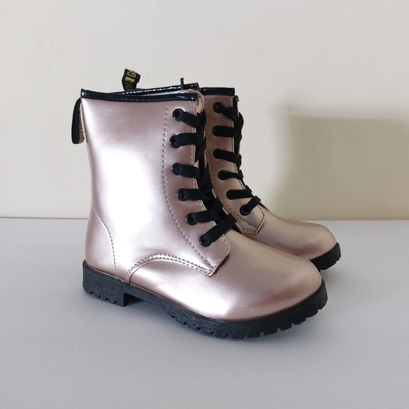 Girls Rose Gold Faux Leather Mid-Calf Lace Up NWT Combat Boots Lug Sole 13 - Picture 2 of 11